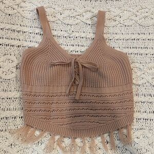 No Boundaries Tan Knit Crop Top with Fringe